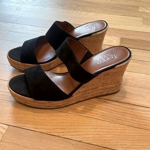 Black suede wedge sandal by Franco Sarto